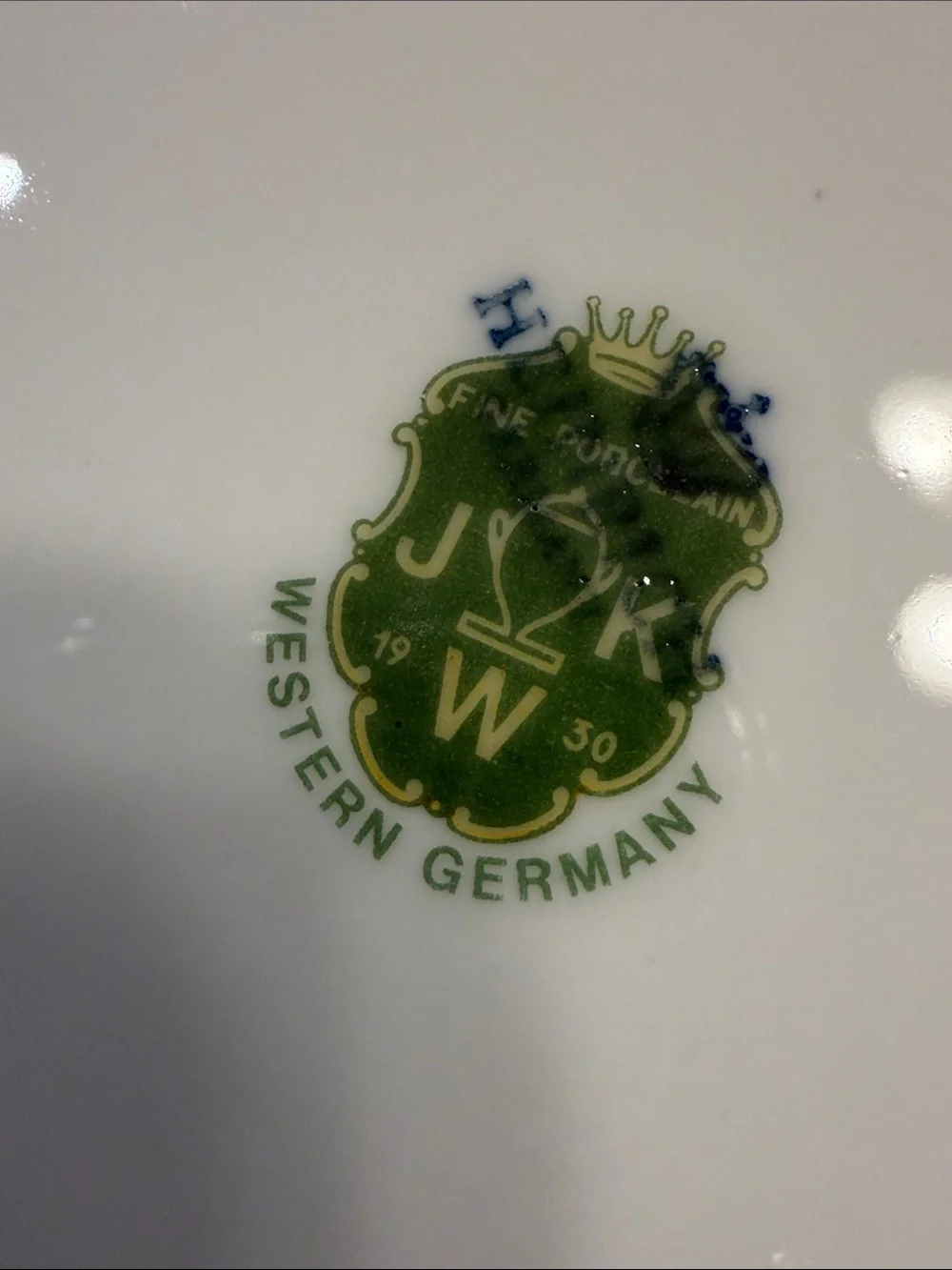 J & K Fine Porcelain Western Germany Dinnerware - White with Green Mark
